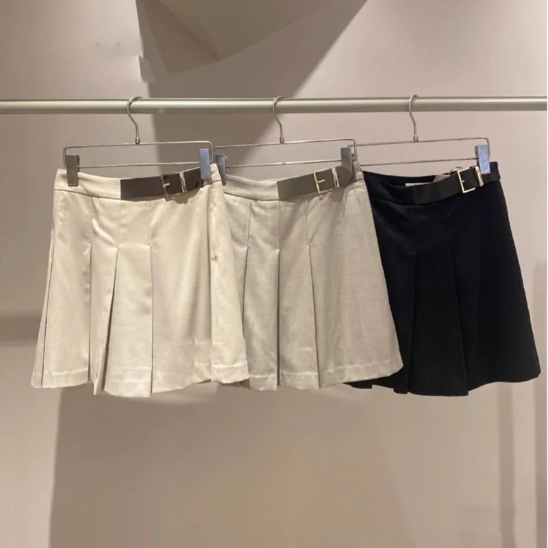 

2023 Japanese A-line Pleated Skirt Short Preppy Style Kawaii Mujer Faldas Spring Solid Color Belt Design Harajuku Jupe