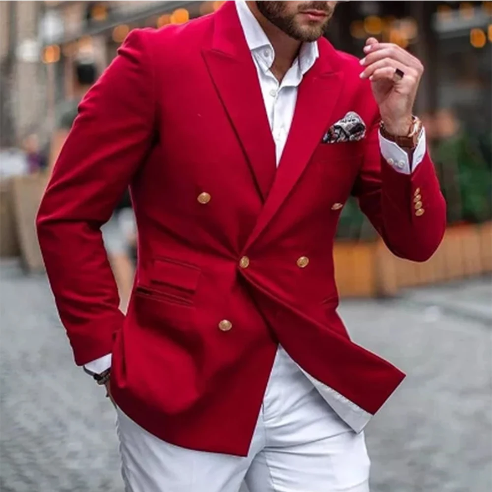 Casual Red Double Breasted Men Suits with White Pants Slim Fit Prom Groom Tuxedos Wedding Wear 2 Pieces Fashion Blazer