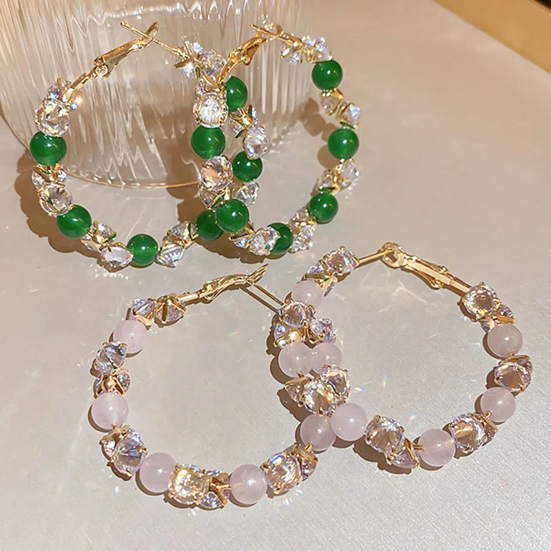 

Green Pink Beaded Design Sense Inlaid Zircon Round Hoop Earrings Unusual Accessories for Women's Party Fashion Luxury Jewelry