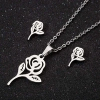 tulx romantic rose flower pendant necklace earring bridal wedding jewelry sets for women stainless steel party jewelry