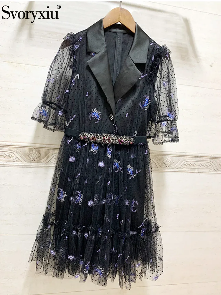 

Svoryxiu 2022 Designer Summer Vintage Mini Dress Women's Luxury Sashes Diamonds Embroidery Mesh Polka Dot Slim Party Short Dress