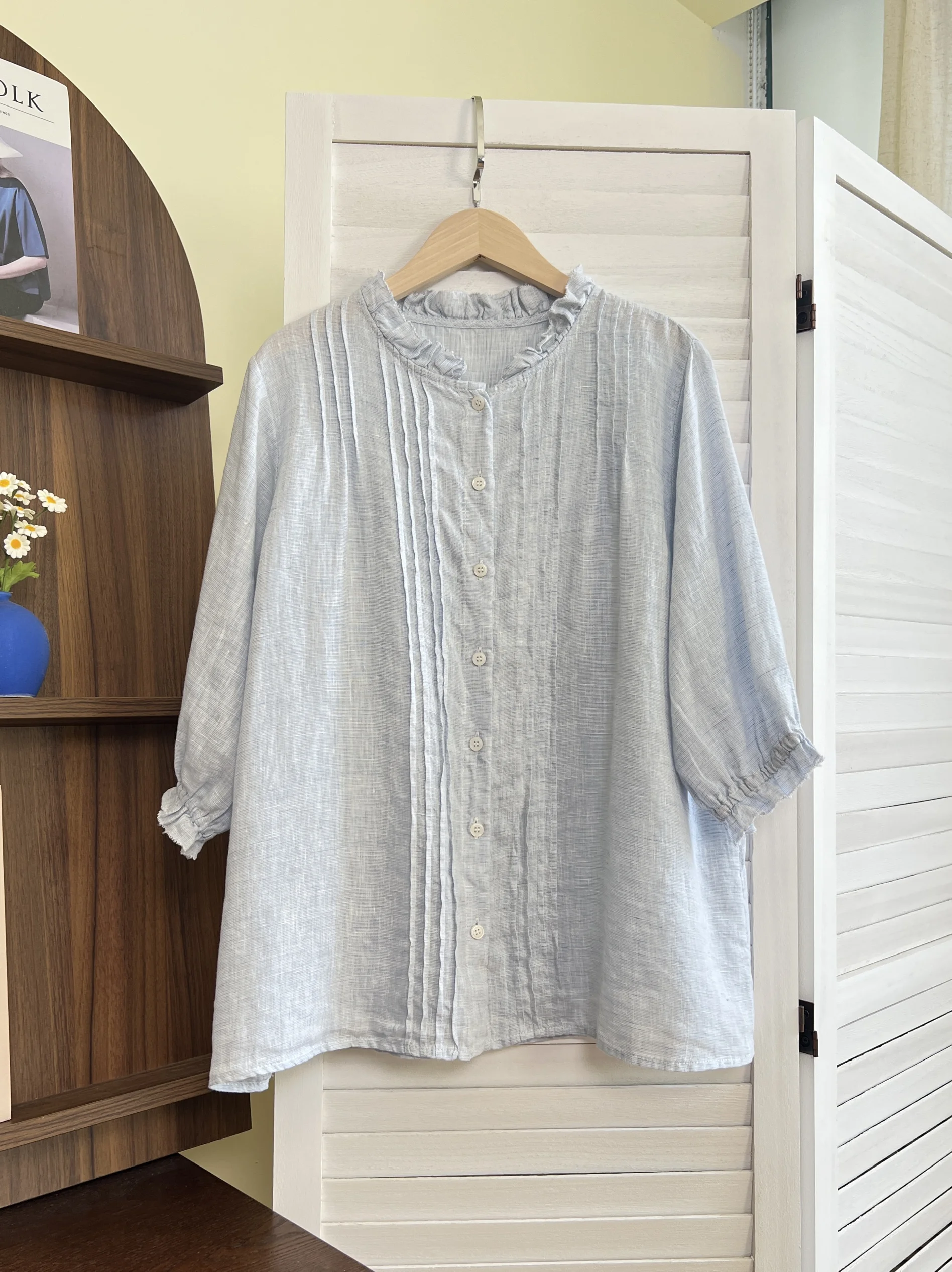 Japan fashion Pure Linen/Sweet Lace round Neck French sle Gentle Sle Half Sleeve Mid-Length Loose Shirts Top