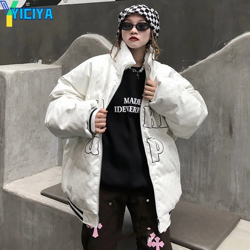 YICIYA Bomber Down Jacket Thicken Women Varsity Leather Jacket American Racing Motorcycle Warm Oversize Jacket Long Sleeves Coat