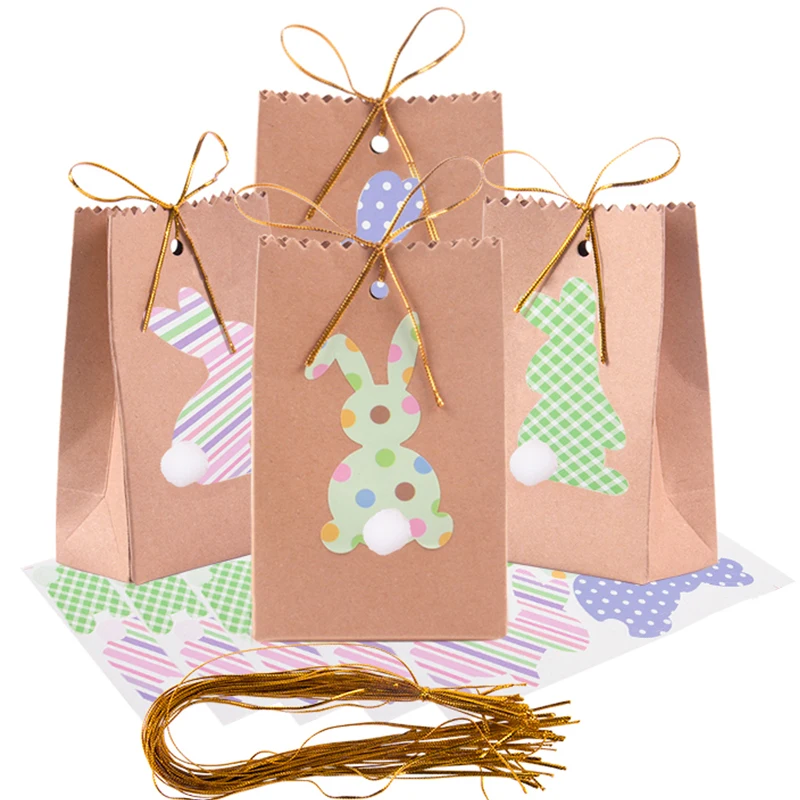 

8pcs Easter Bunny Gift Bags with Rope Rabbit Kraft paper Treat Bag Easter Party decor Cookie Candy Gift Packaging bag Favors bag