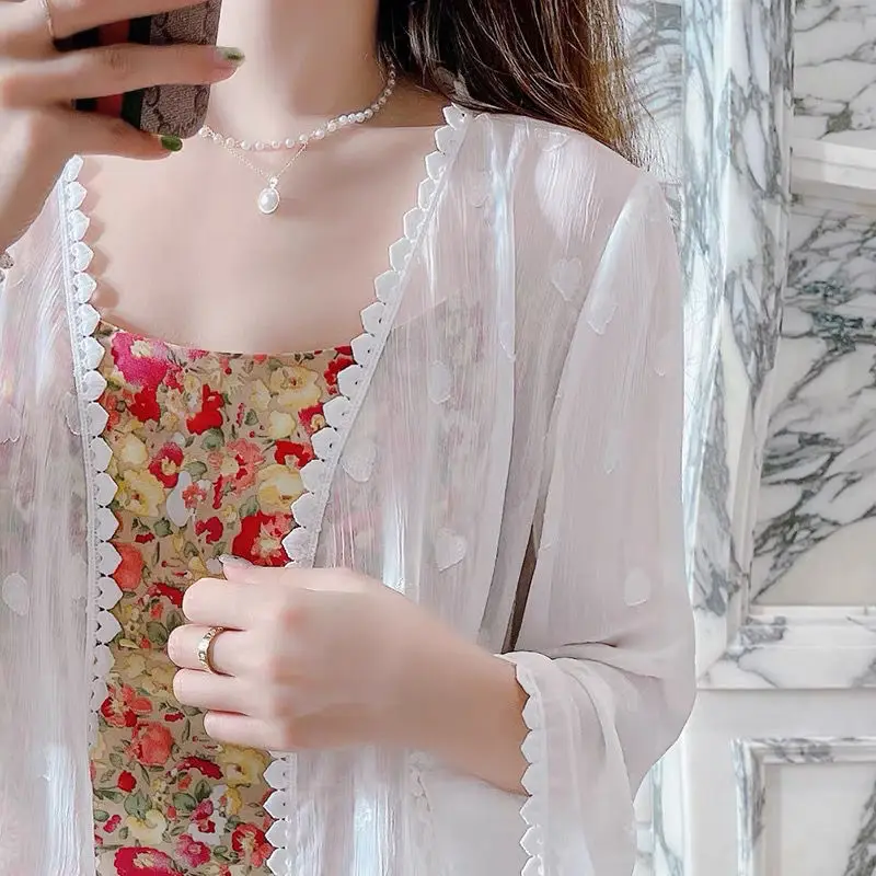 

Geskeey Short Blouse Tulle Sunscreen Cardigan Women's Summer Small Shawl Chiffon Top Kimono Hombre Femme