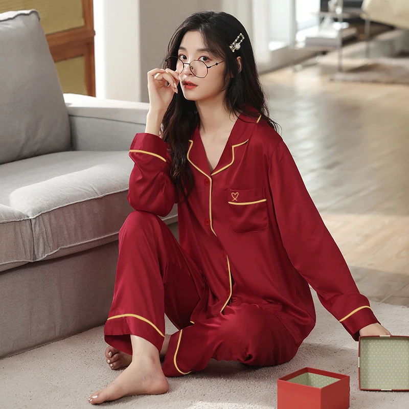 New Year Gift Spring Summer Button Cardigan Women's Soft Stain Long Sleeve Pajamas Set Women Sleepwear Set Red Silk Homewear