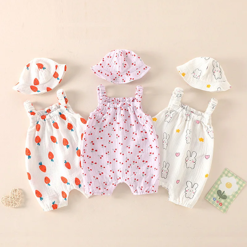 

Muslin Baby Summer Romper Hat Suit Cute Sleeveless Infant Clothes Cotton Girls Overalls Soft Breathable Boy Sling Jumpsuit 0-3T