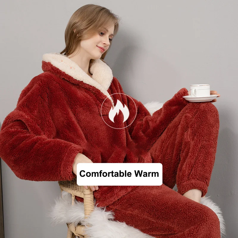 Warm Winter Flannel Pajama Set Womens Fleece 2 Pieces Sleepwear Casual Loose Homewear Outfit Thickening Hooded Nightwear Female