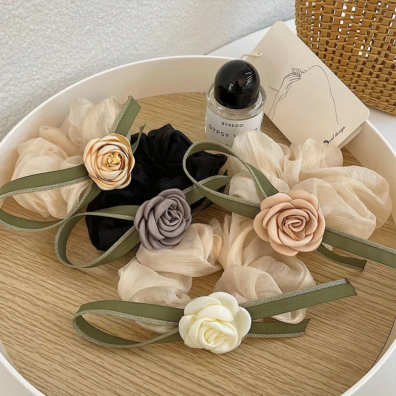 

New ribbon flower hair ring, pastoral retro temperament, horsetail, leather band, hair rope, high sense head rope