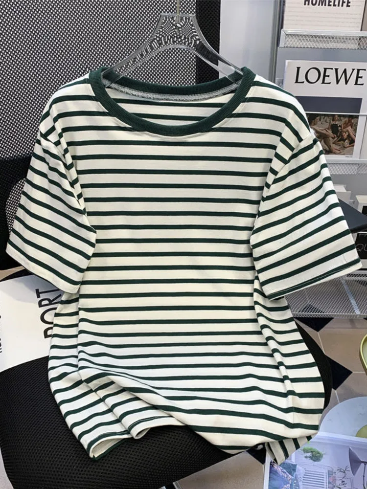 

Large Women's Tshirts Women 2022 New Summer Green Stripe Bottoming Tshirt Casual Loose Inside Tees Tops Streetwear