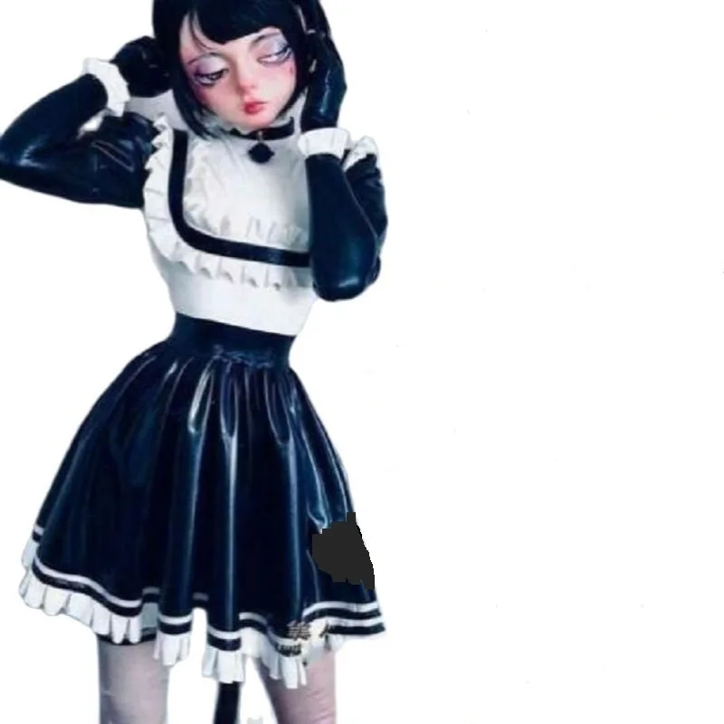 

Black Lovely Kawaii Belt Bow Sissy Maid PVC Dress Lockable Uniform Cosplay Custom