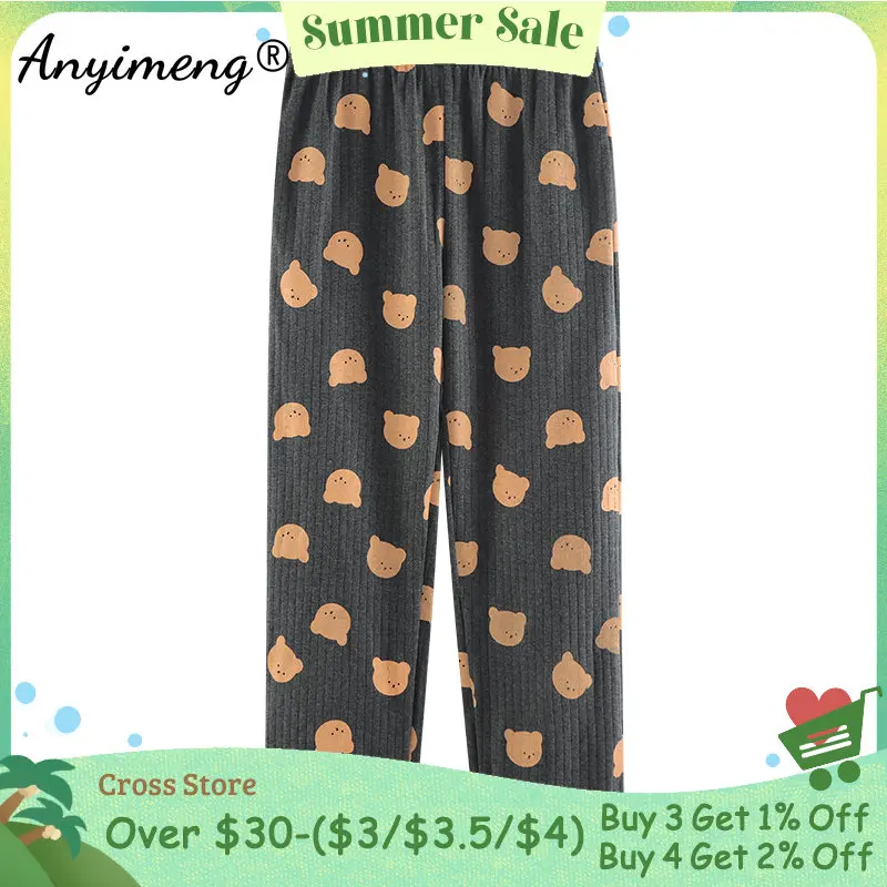 

Трикотажные хлопковые женские брюки для сна с милым медведем, Азиатский Размер, повседневная домашняя одежда для отдыха, пижамные штаны, но...