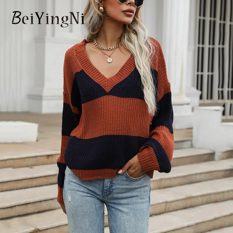 

Beiyingni 2022 Knitting Spell Color Sweater Women's Long Sleeve V-neck Fashion Ladies Pullover Vintage Casual Loose Brown Jumper