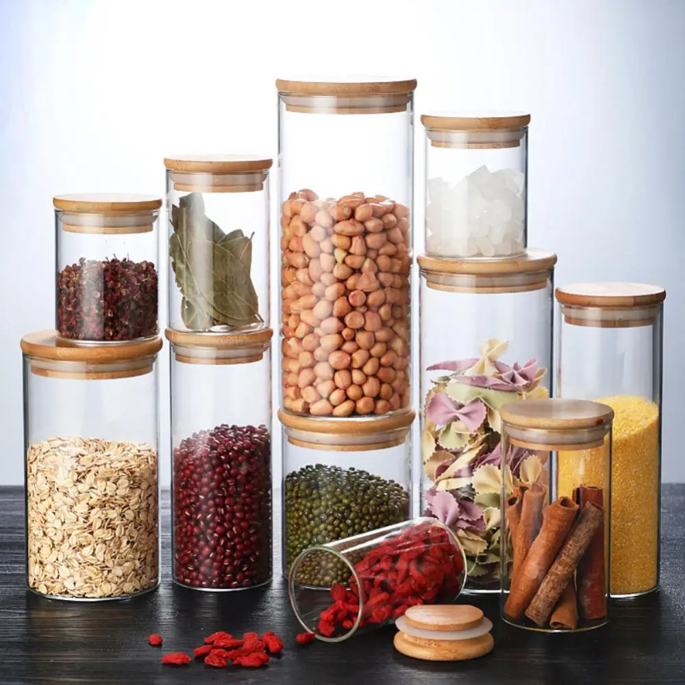 Food Container Kitchen Storage Glass Jar Coffee Seasoning Storage Tank Airtight Bamboo Lid Canister Storage Box Kitchen Gadgets