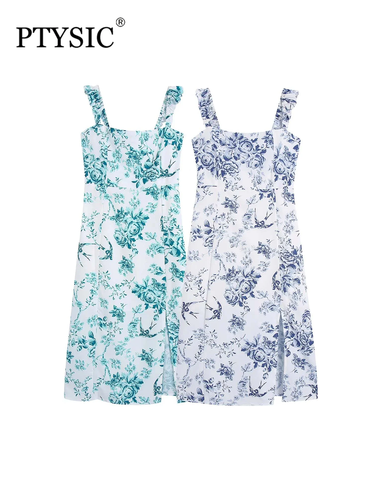 

PTYSIC Women Stylish Print Sheath Halter Midi Dress 2022 Summer Front Slit Back Shirring Zipper Fly Vintage Female Vestidos