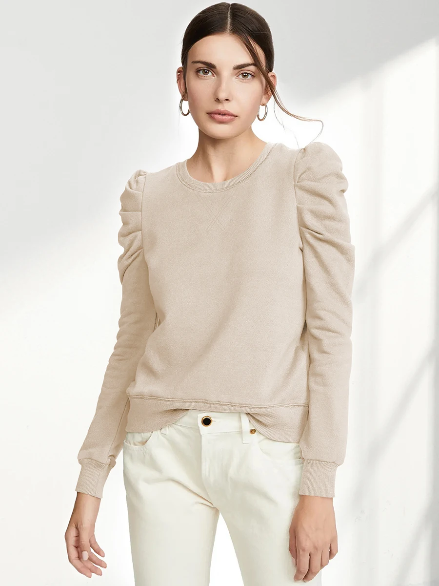 

Solid Simple Sweatshirt Woman Folds Long Puff Sleeve Round Neck Sweatshirts Autumn Female Casual Classic Basic Pull Hoodie