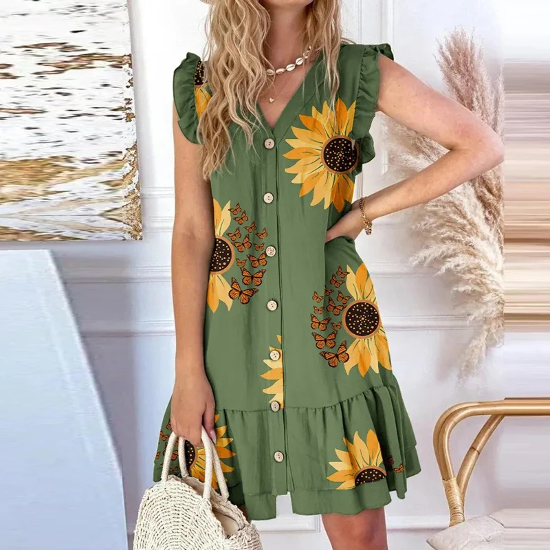 

Women Loose V-neck Party Dress Vintage Elegant Floral Print Flying Sleeve Short Dress Summer Ruffle Single Breasted Shirt Dress