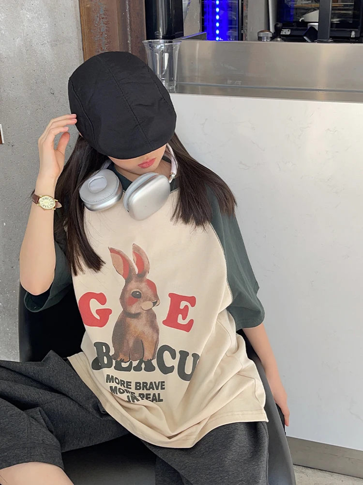 

Boys' and girls' rabbit T-shirt 2023 Spring New Versatile color-blocking short-sleeved top girl trend t-shirt