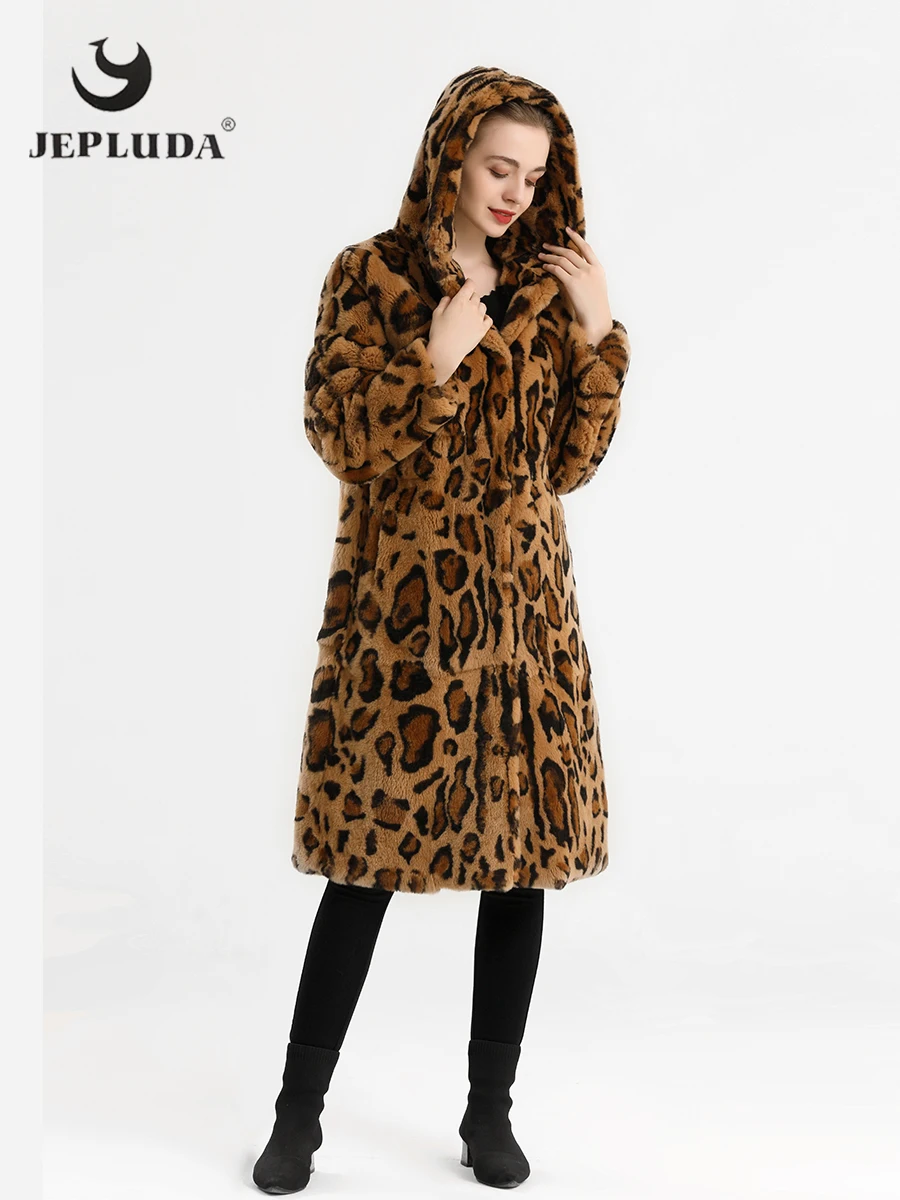 

JEPLUDA New Fashion Winter Jacket For Women Long With Hood Leopard High Quality Full Pelt Natural Rex Rabbit Real Fur Coat CH07