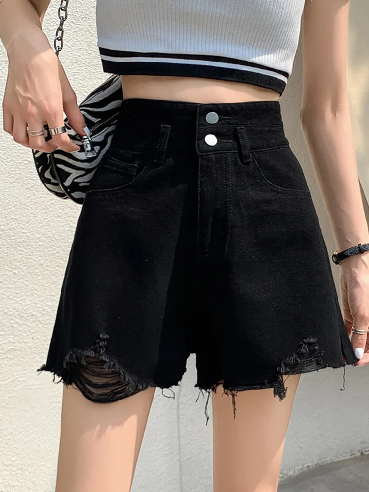 Streetwear Women Loose Hole Frayed Retro Denim Shorts Spring Summer Female High Waist Button Jeans Shorts Bottoms