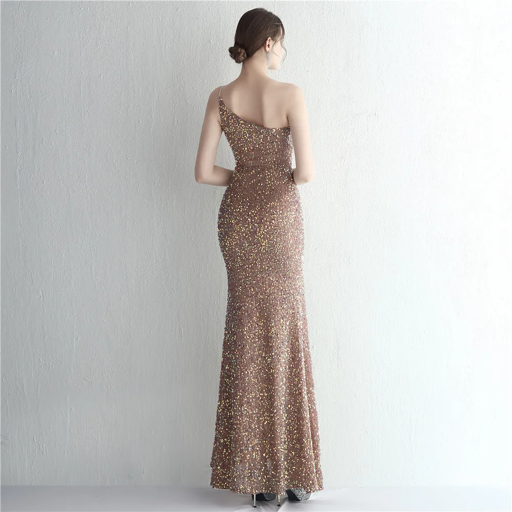 Handmade Beaded One Shoulder Suspender Celebrity Banquet Slit Long Sequin Aura Queen Dinner Fishtail Skirt