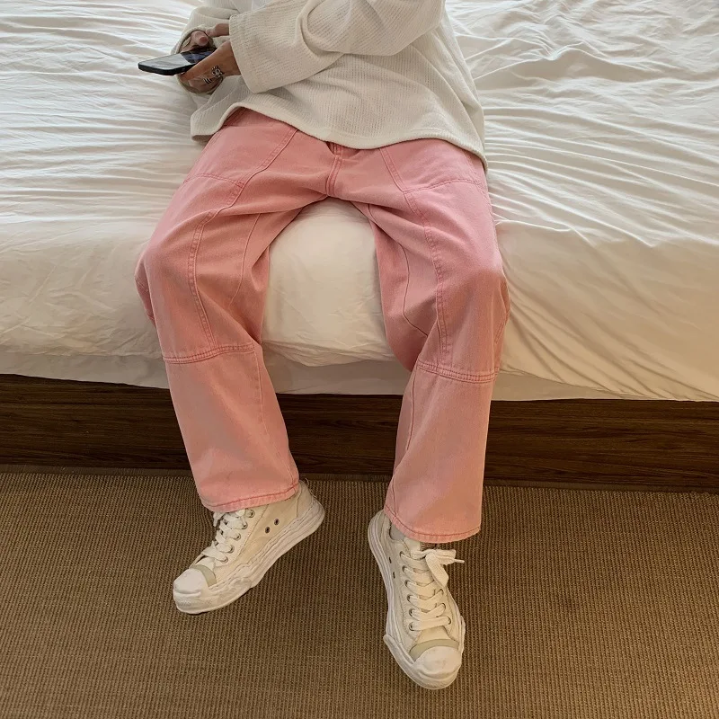 Brand Clothing Pink Jeans Men's High Street Loose Straight Wide Leg Pants Fashion Men Hip-hop Streetwear Pantalon Homme  Casual