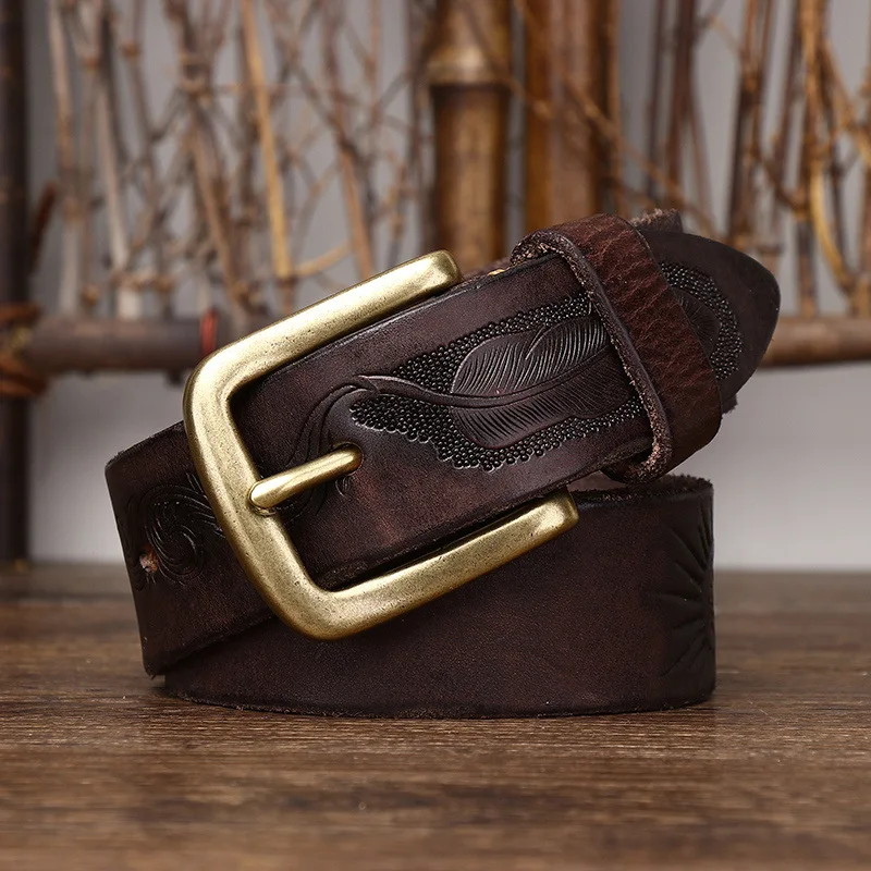 3.8 Cm Pure Cowhide Genuine Leather for Men High Quality Brass Buckle Belts Cowboy Waistband Male Carved Western Jeans Strap