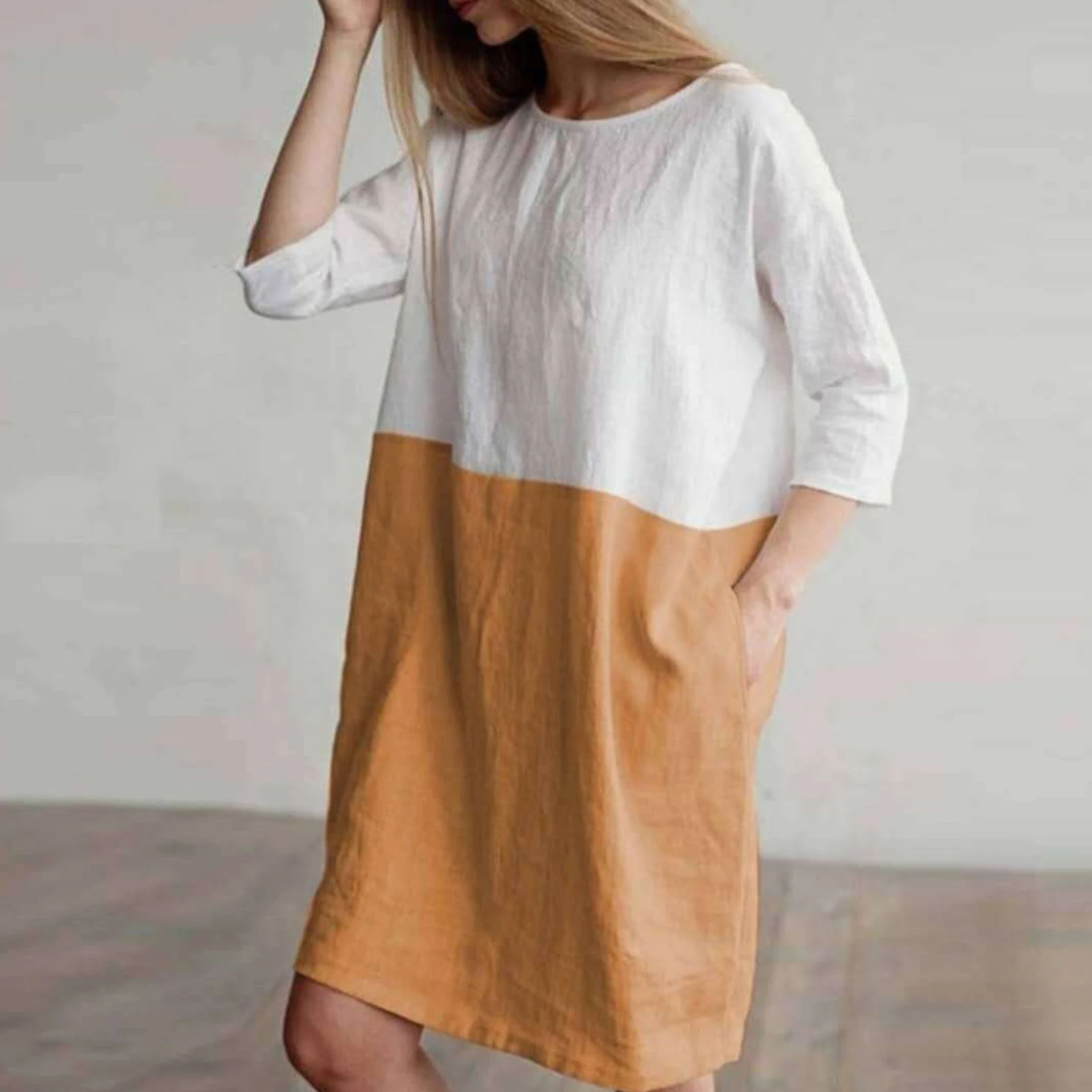 

Women's Linen Tunic Dress Casual Patchwork 1/2 Sleeved Cotton Linen Dress for Family Girlfriend Wife Gift H9