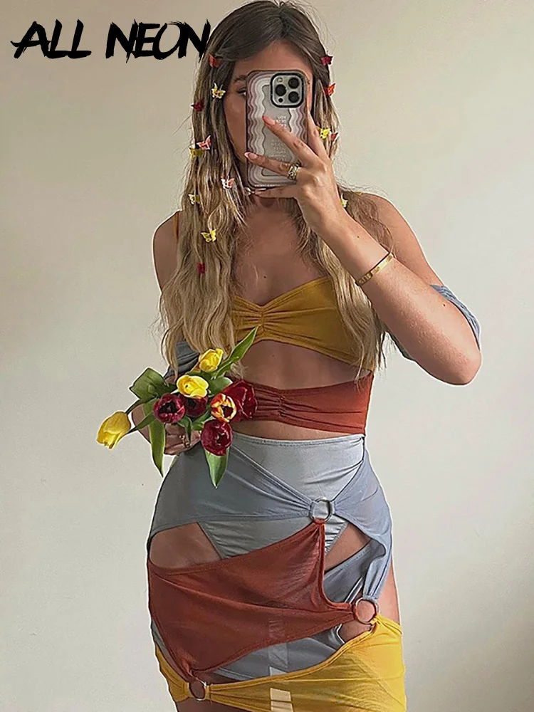 

ALLNeon Y2K Fairy Grunge Patchwork Ruched Cut Out Mesh Dresses Women Summer 90s Sexy Opensleeves Multicolor Mini Dress Bodycon