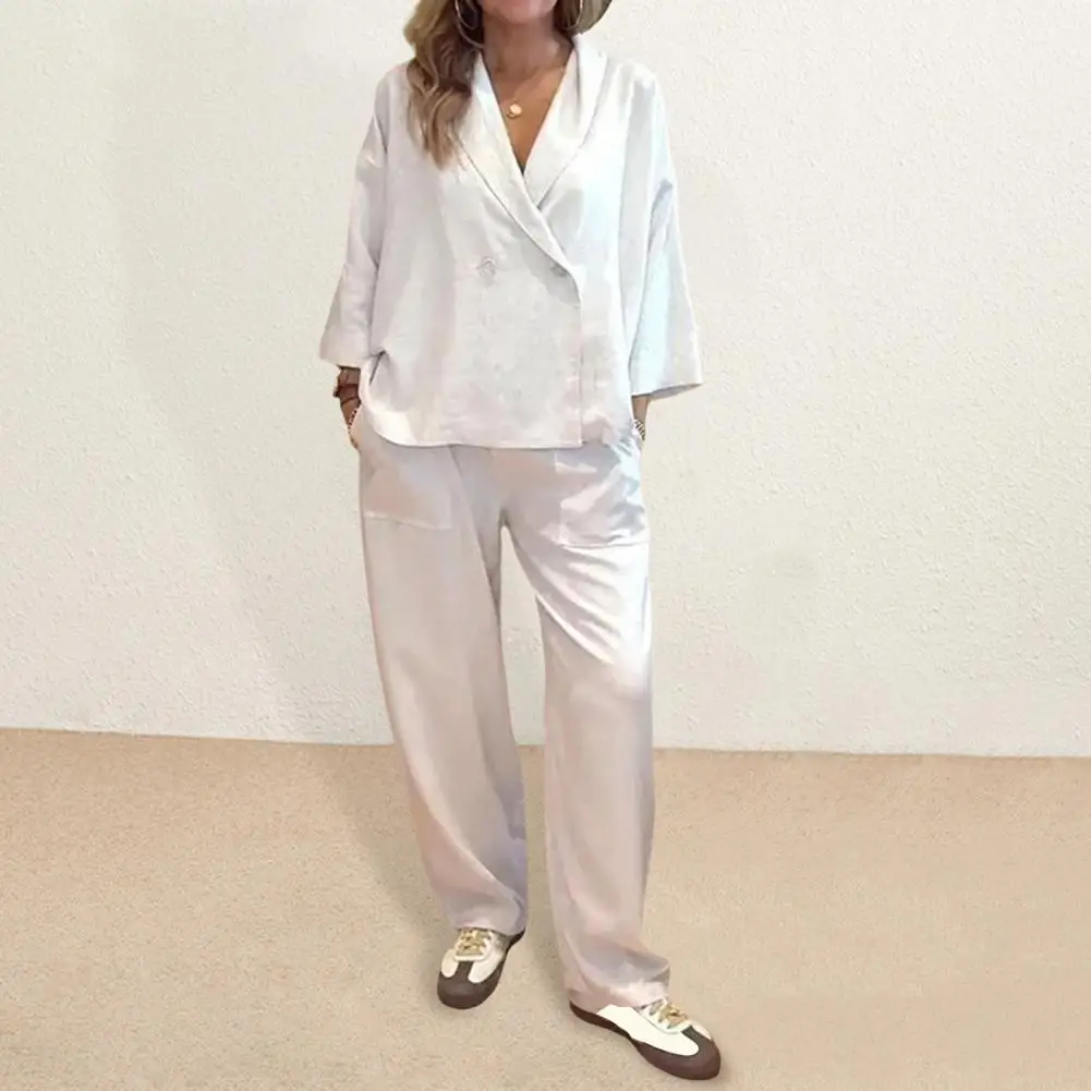 Женский костюм из двух предметов стильный двубортный пиджак и брюки с широкими