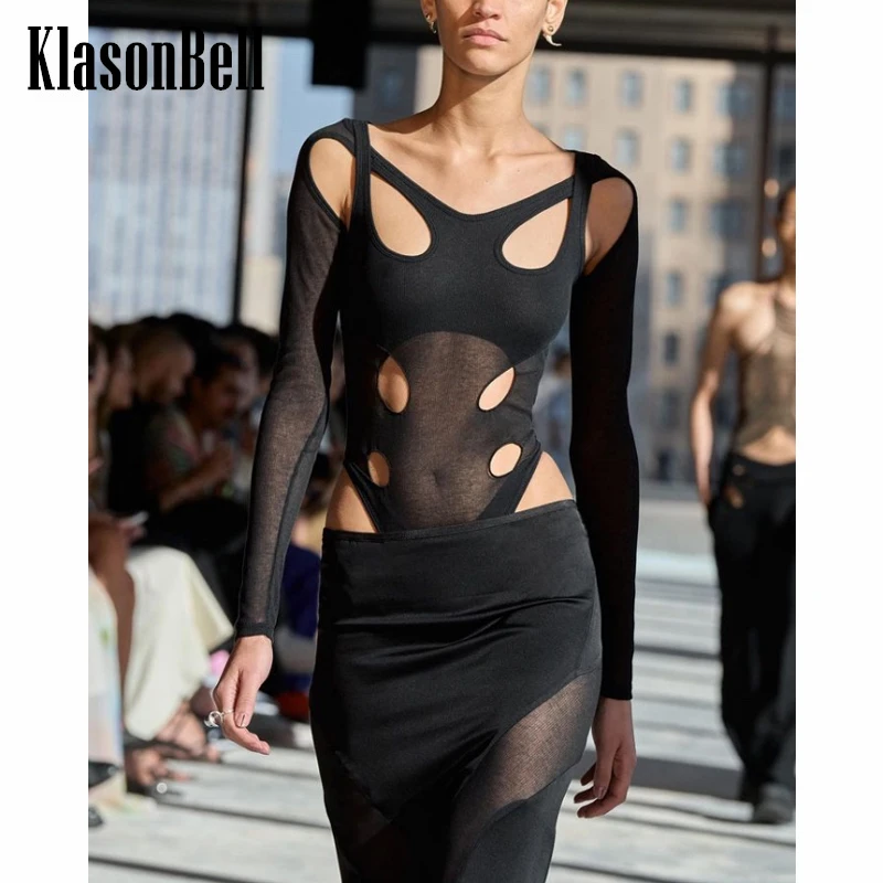 

5.7 KlasonBell Women Street Chic Sexy Hollow Out Irregular Long Sleeve Slim Thin Bodysuit T-Shirt