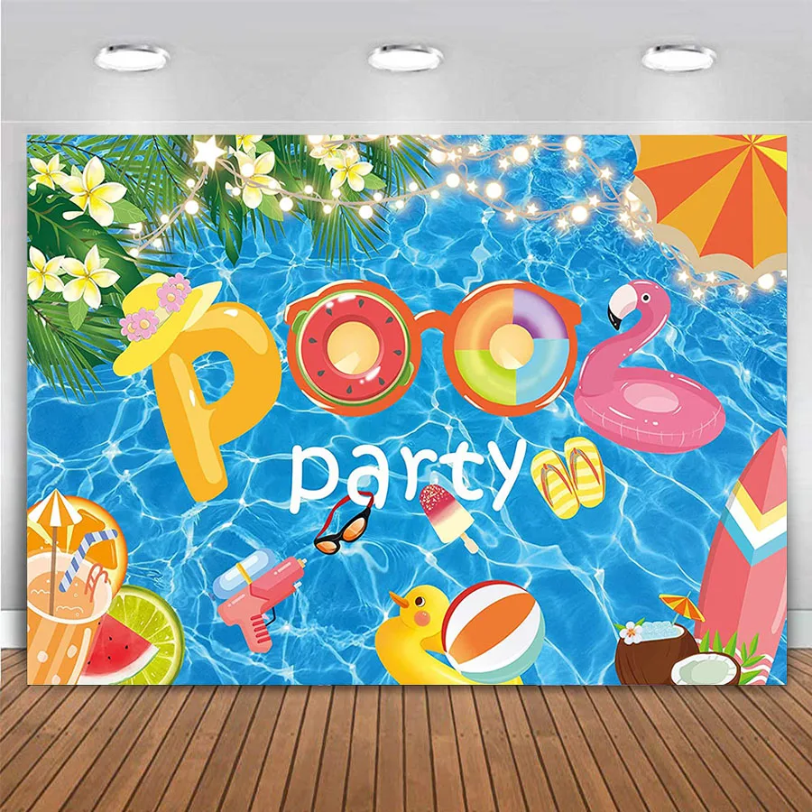 

Swimming Pool Party Backdrop Summer Beach Tropical Palm Balls Floral Baby Shower Birthday Photography Background Banner Photo