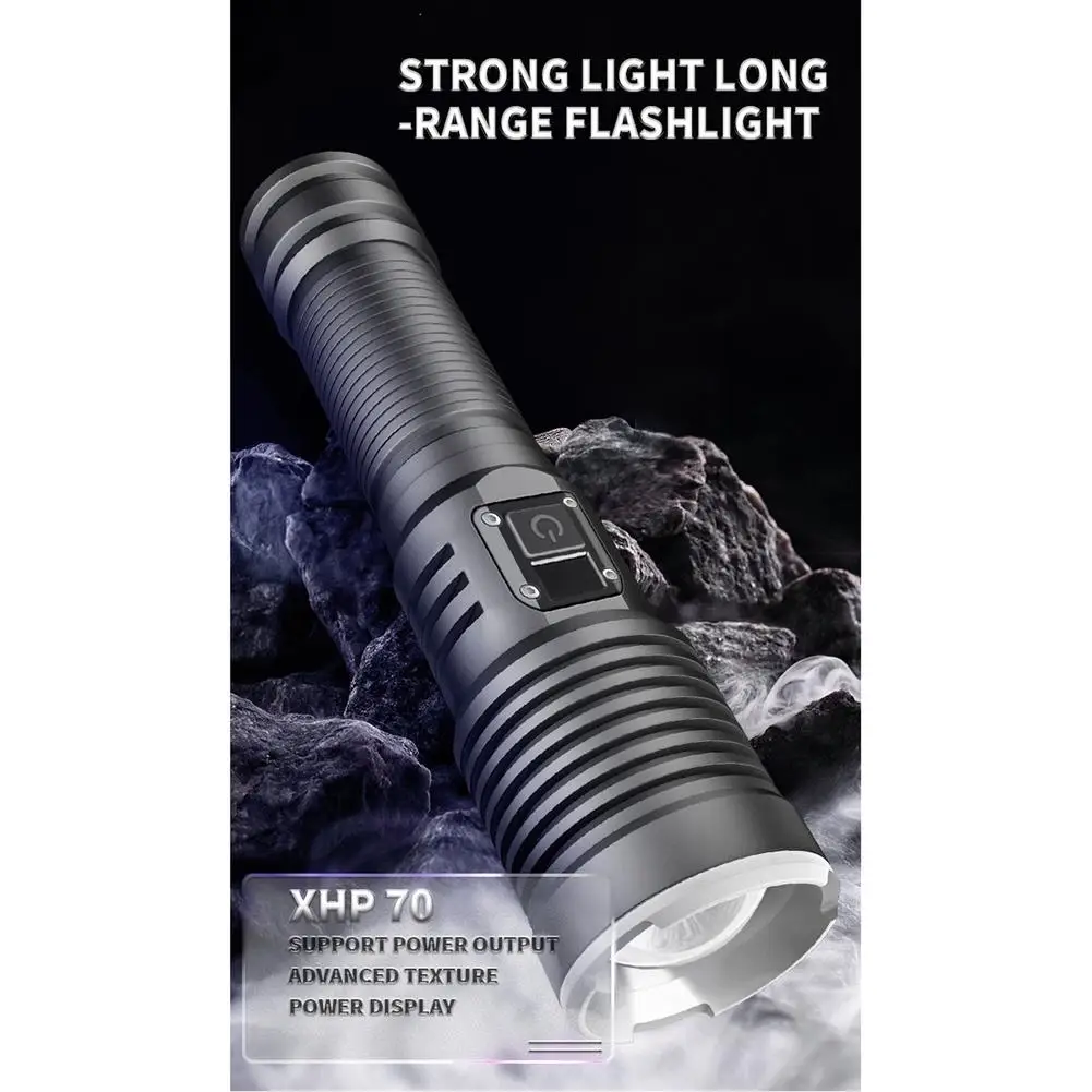 

Xhp70 Led Flashlight 1200-1500 Lumens Digital Power Display Telescopic Zoom Strong Light Torch With Indicator Light