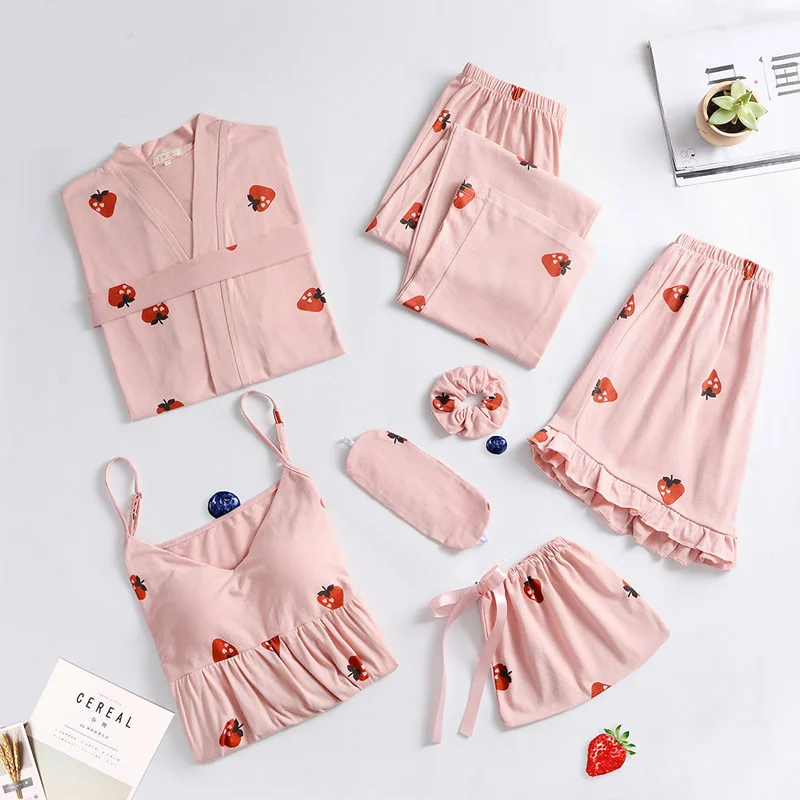 

Pajamas Women Spring and Autumn Cotton Strawberry Seven-piece Suspender Shorts Sweet Plus Size Home Service Suit Outer Wear