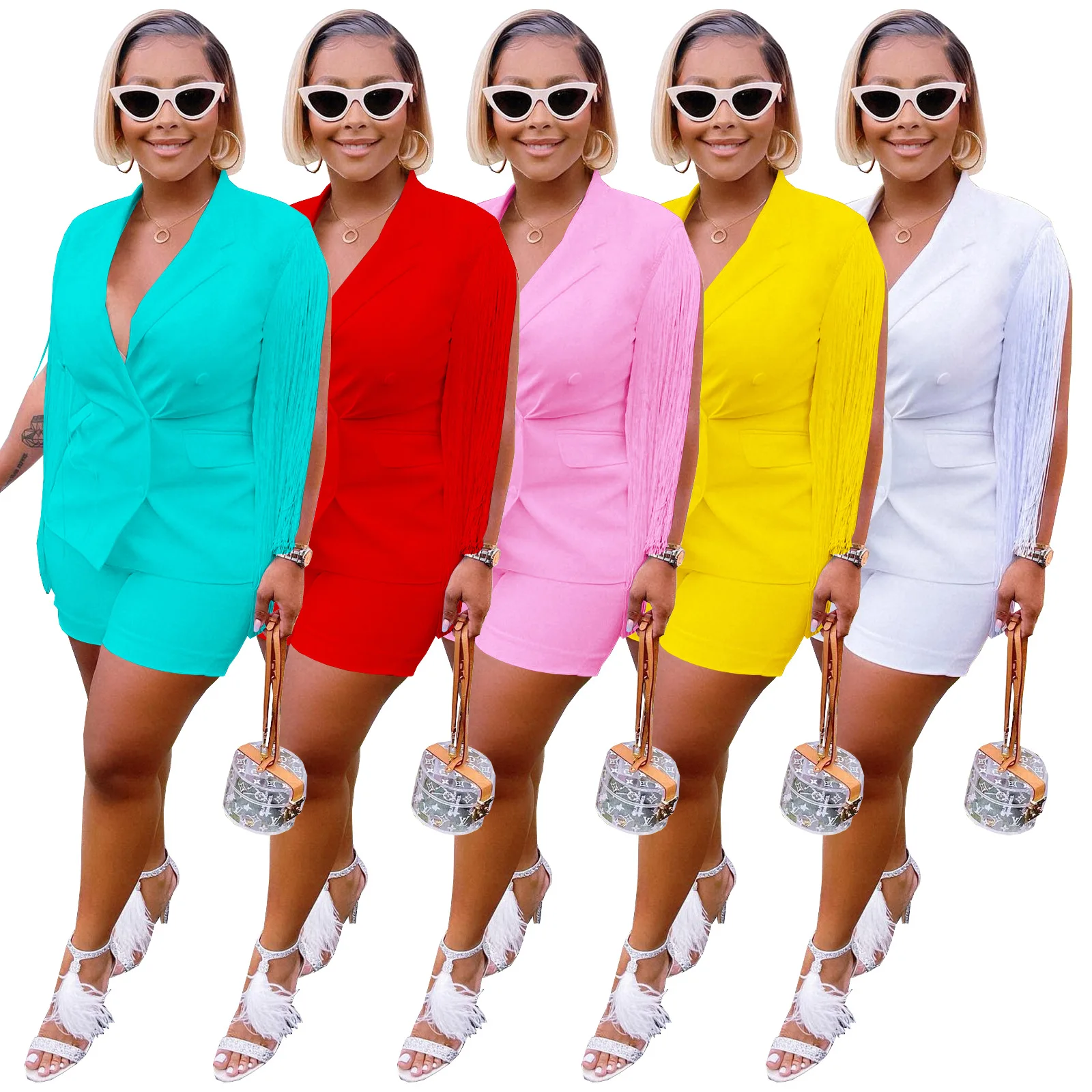 

Summer Streetwear Women's Set Tassel Sleeve Blazer Short Pants Suit Office Lady Tracksuit Two Piece Shorts Set Fitness Outfits