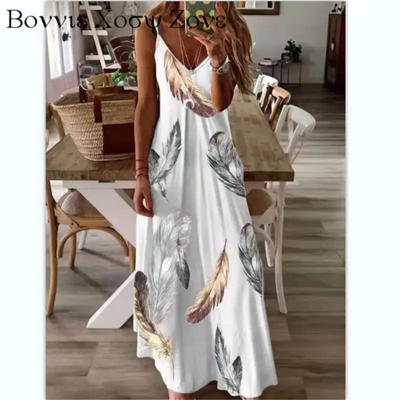 Женское платье с принтом перьев, длинное Повседневное платье макси на бретельках с V-образным вырезом, лето 2022