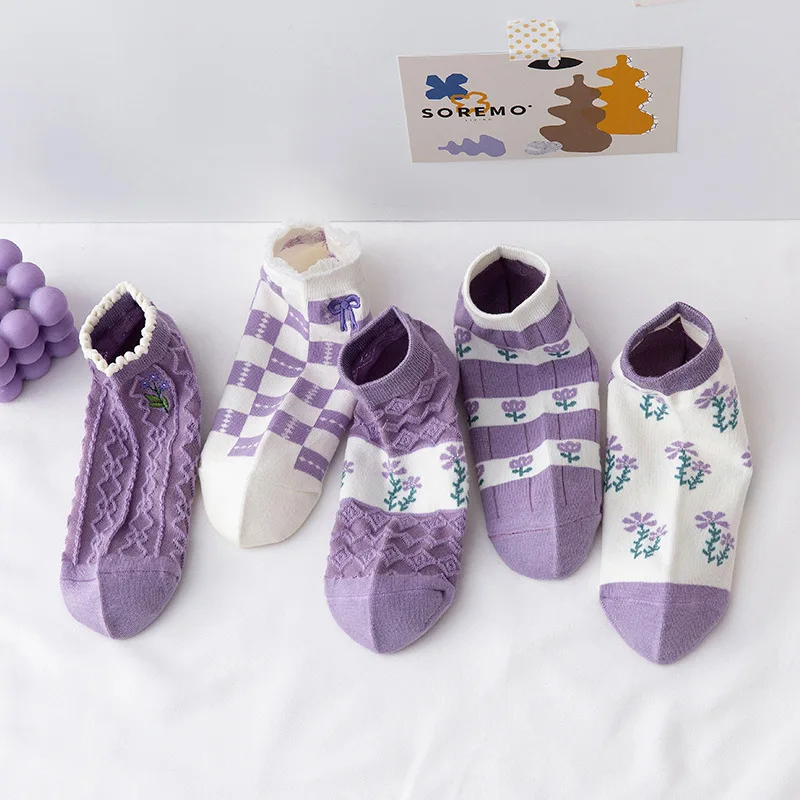 

Sweet Women Socks Striped Kawaii Cotton Sock Woman Purple Short Flower Ladies Sox Spring Summer Casual Soft Japanese Girls Socks