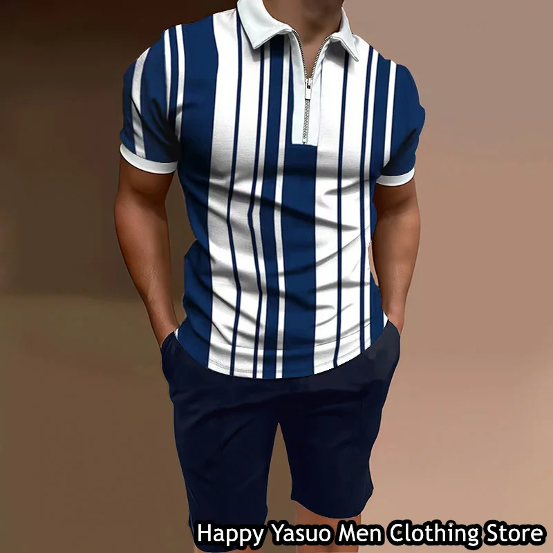 Summer Men Fashion Polo Shirt Set Man Turn Down Collar 3D Printed Solid Color Outfit Male 2 Pieces Tracksuit  Casual Clothing