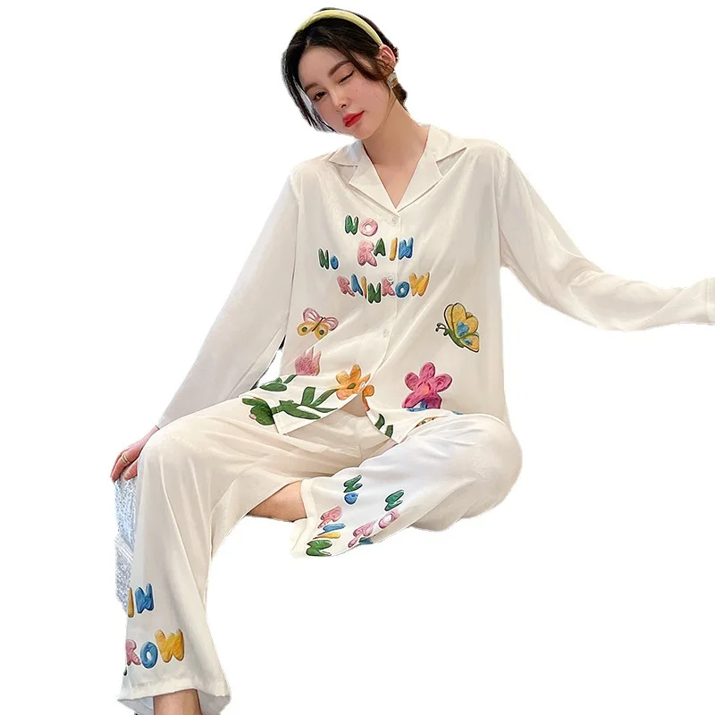 Pajamas women's new long-sleeved trousers imitation silk suit sweet home clothes women pajamas