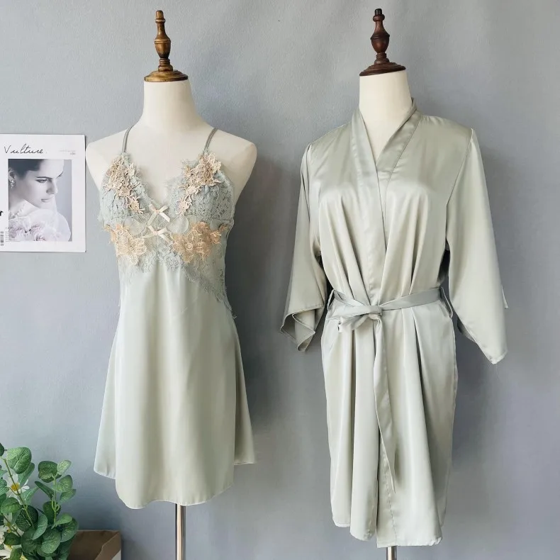 

Sexy Lace Nightgown Female Satin Home Dressing Gown Nightwear Loungewear Hollow Out 2PCS Kimono Robe Set Intimate Lingerie