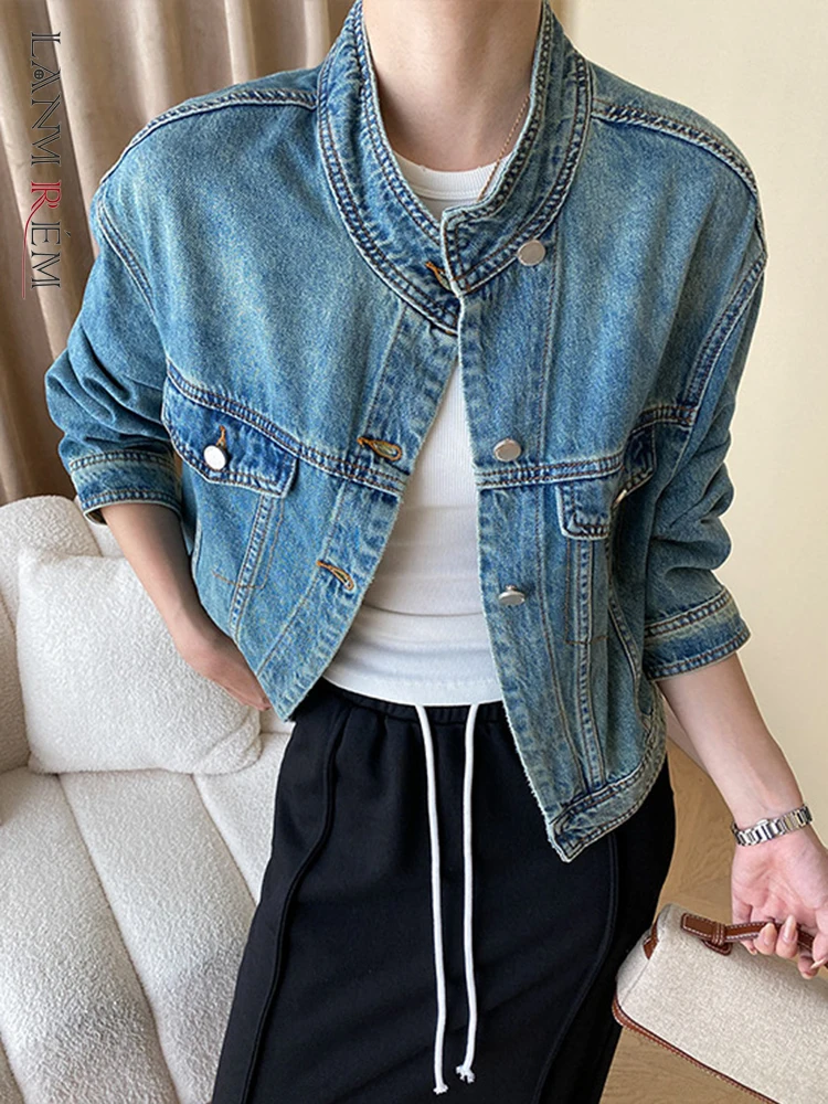 

[LANMREM] High End Washed Denim Jackets For Women Stand Neck Long Sleeve Tide Streetwear Female Tops 2023 Autumn New Clothes 26D