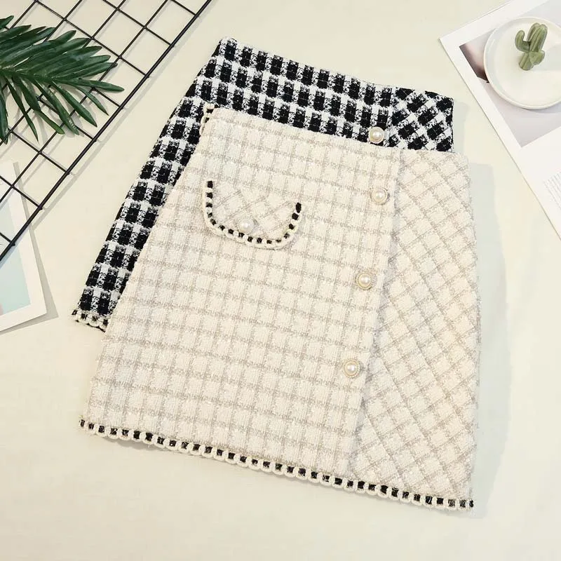 

Small fragrance false pocket design short skirt 2021 autumn and winter new high waist nail bead skirt shows thin plaid skirt
