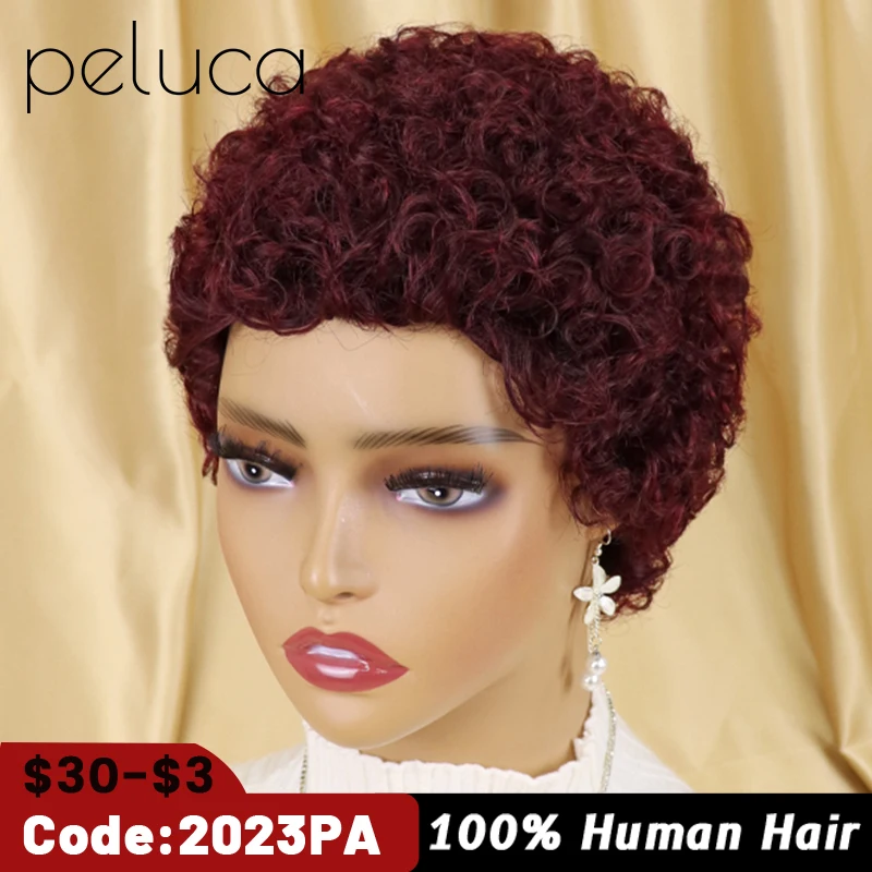 

Short Bob Pixie Cut Wig Human Hair Afro Kinky Curly Wigs Brazilian Hair Virgin Full Machine Cheap Wigs For Women Burgundy Brown