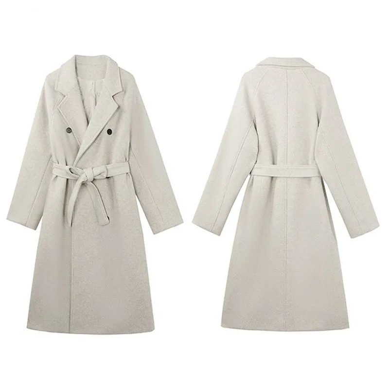 

Женское длинное шерстяное пальто, серо-черное свободное твидовое пальто с поясом, однобортное пальто с лацканами, верхняя одежда, осень-зим...