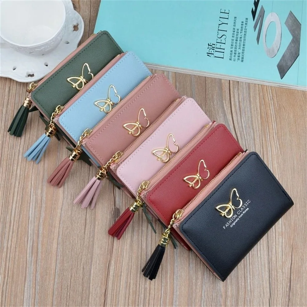 

Women's PU Leather Butterfly Fringed Zipper Wallets Safe Money Bag Female Short Purse Credit Card Holder Coin Purse Short Wallet