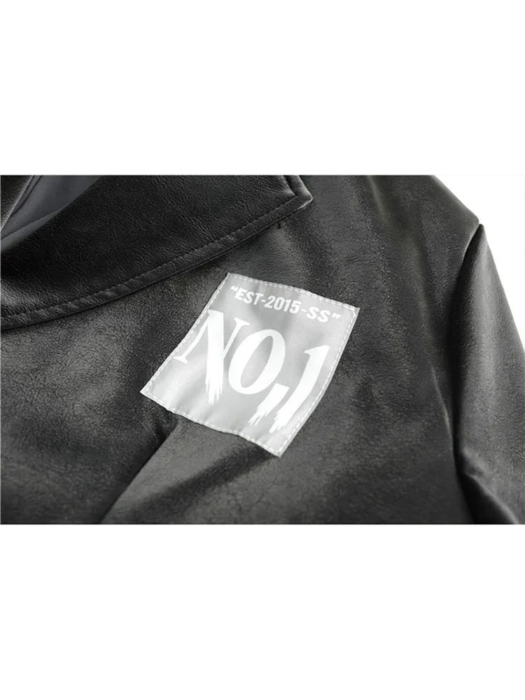 Женская куртка из ПУ кожи черная Свободная с длинным рукавом на пуговицах