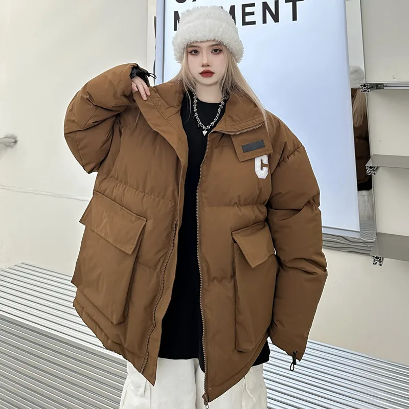 2022 Winter Street Pike Coat Women'S Cargo Thick Jacket Harajuku Stand Up Collar American Hip Hop Fashion Loose Coat Warm Casual