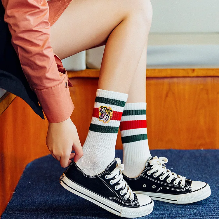 

Autumn and winter pure cotton women's socks embroidered tiger stripes funny men's mid-tube basketball sports socks