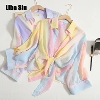 liba sin women summer gradient shirt women cardigan thin shawl loose sexy breathable strap rainbow sunscreen top