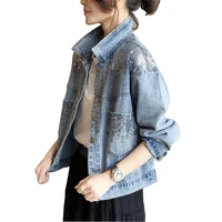 2022 new spring autumn womens sequins denim jackets loose short jeans coats windbreaker tops lady casual outerwear jh281